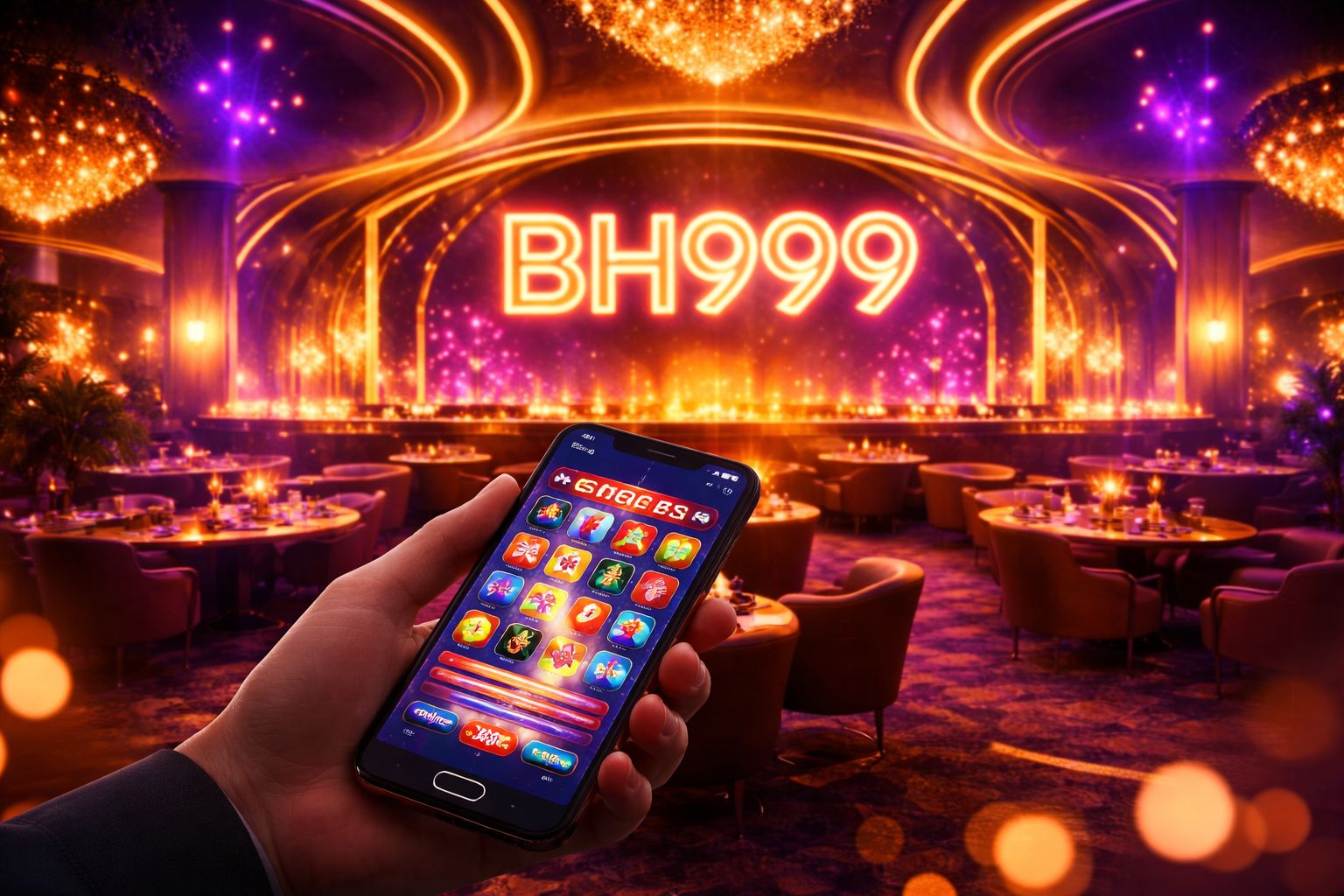 Bangladeshi player launching BH999 casino on a modern smartphone with vibrant slot graphics