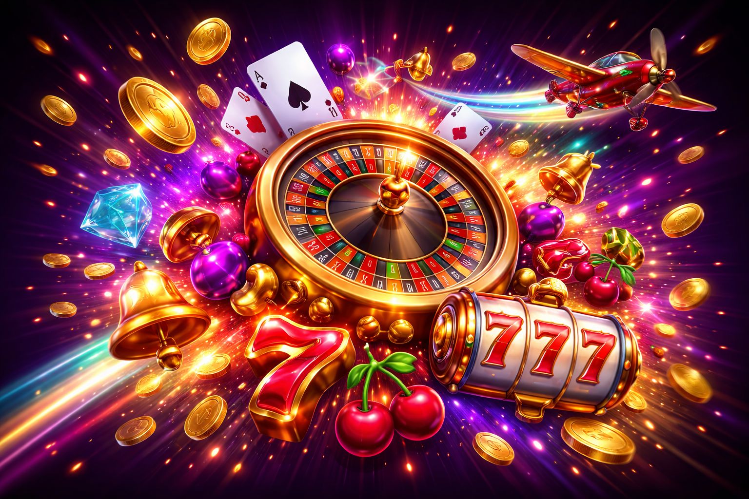 Dynamic casino game collage featuring slots reels, roulette wheel, and Aviator plane for BH999