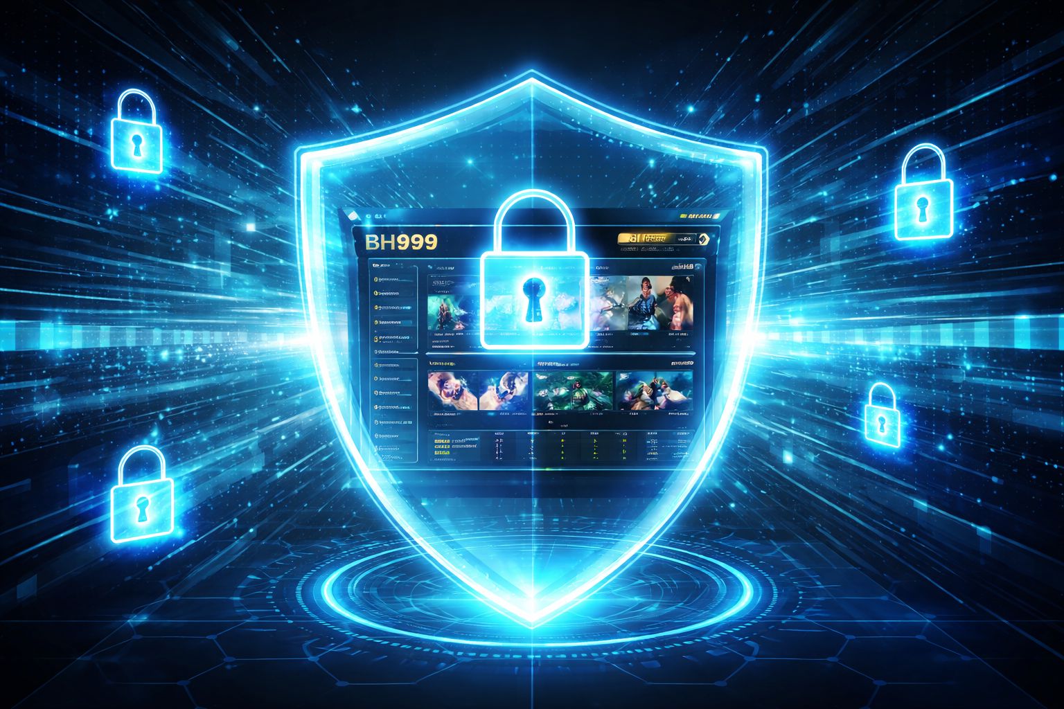 Futuristic security dashboard with encryption shields protecting BH999 player data