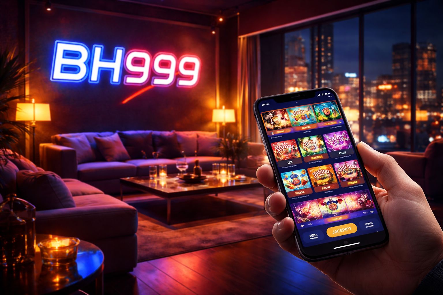 Smartphone displaying the BH999 casino app with vibrant slot games on screen