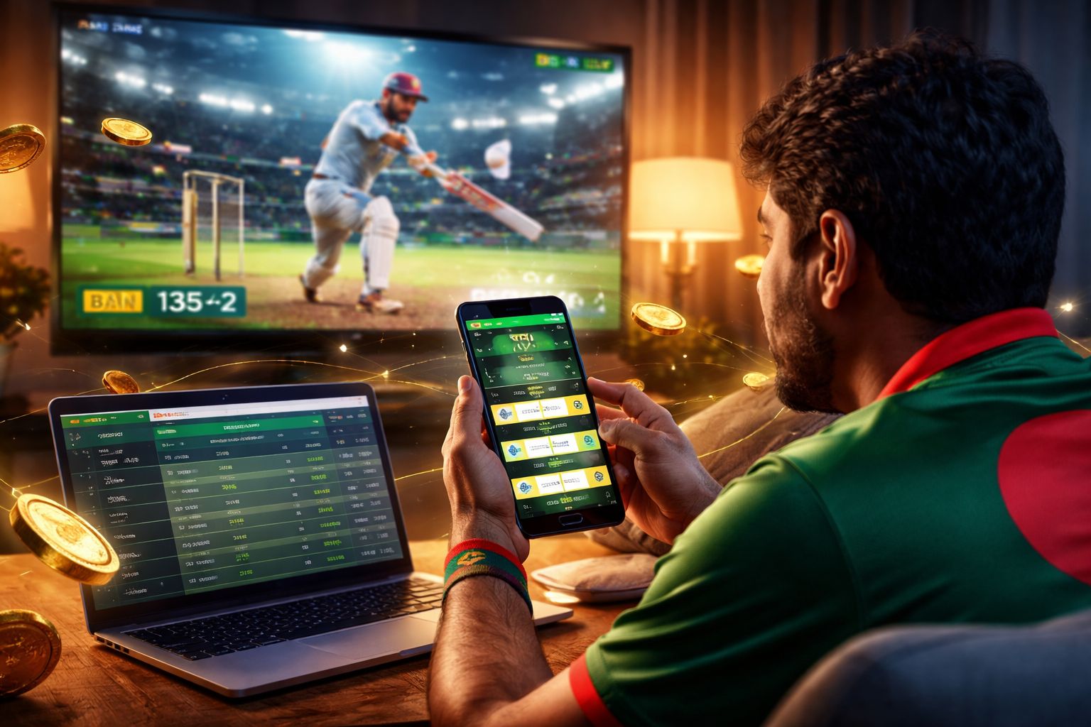 Enthusiastic Bangladeshi bettor watching a live match while placing real-time wagers on a glowing smartphone screen