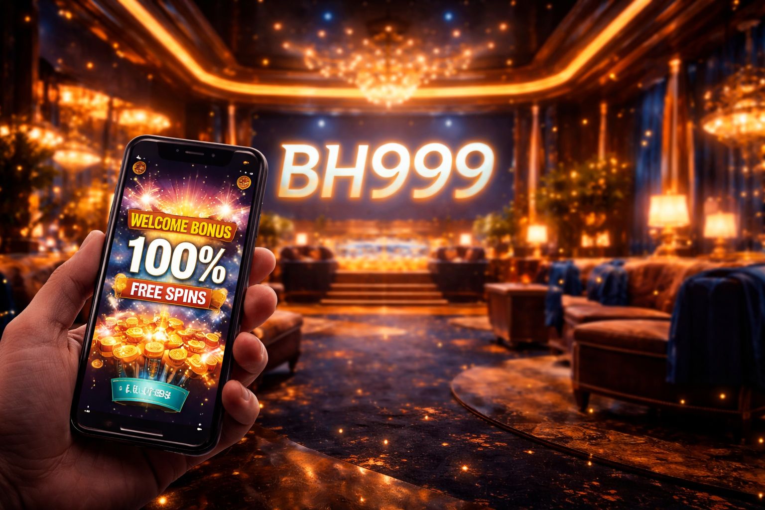 Dynamic promotional banner showcasing BH999 bonus offers for Bangladesh including welcome deals, cashback percentages, and VIP tier badges in a premium dark-gold design