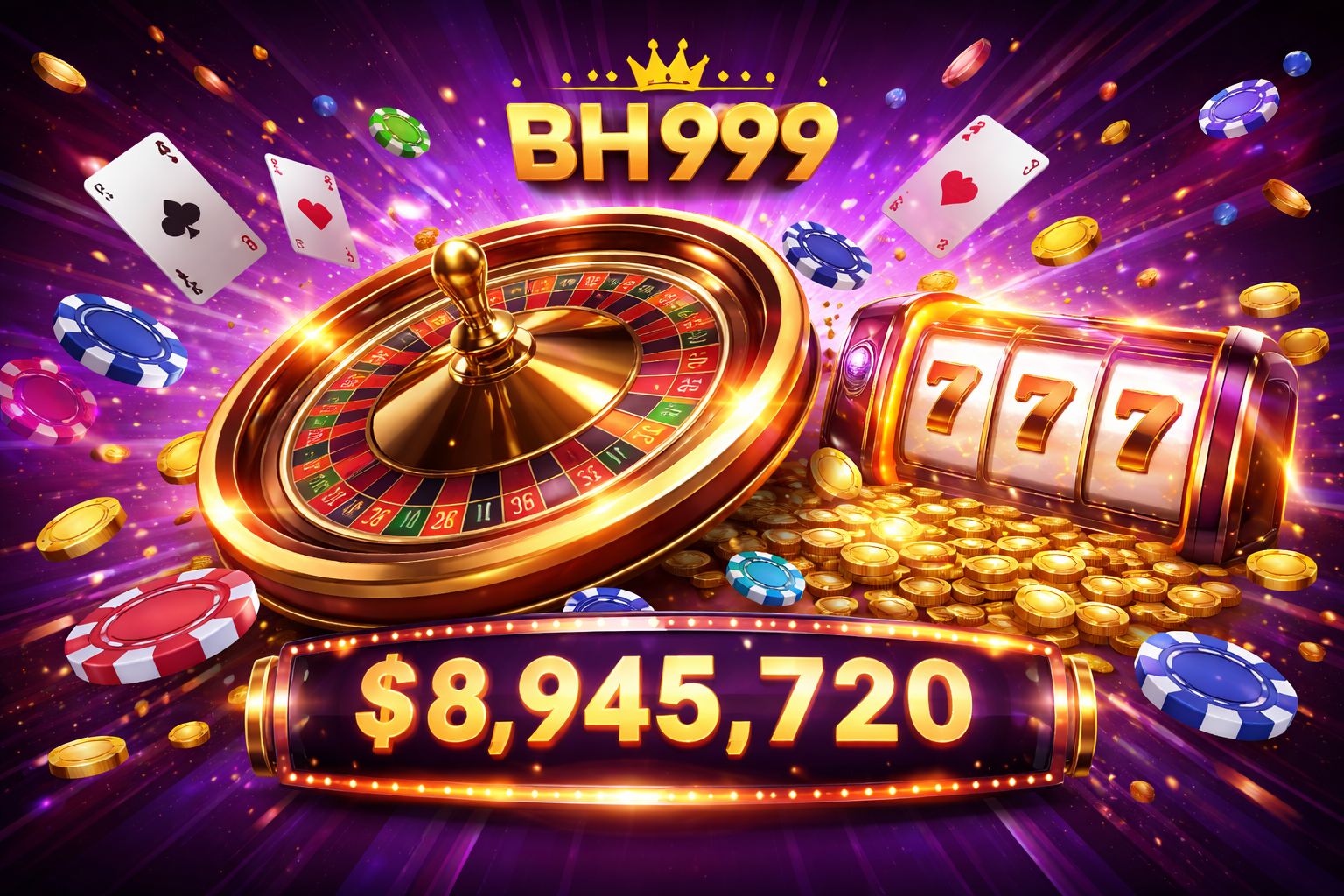 Colorful montage of BH999 casino games including roulette wheel, slot reels, and golden chips