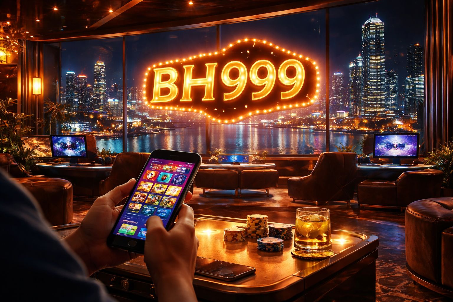 Vibrant casino environment with glowing BH999 branding, dynamic game icons, and colorful light effects representing the excitement of online gaming in Bangladesh