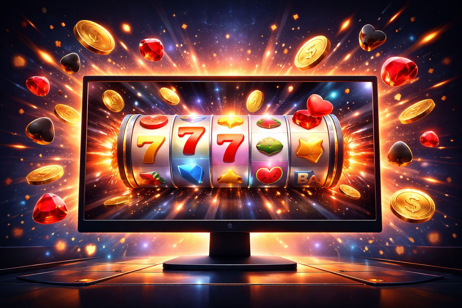 Modern gaming setup displaying colorful slot reels and casino card symbols bursting with energy and neon accents, capturing the thrill of BH999 gameplay in BD