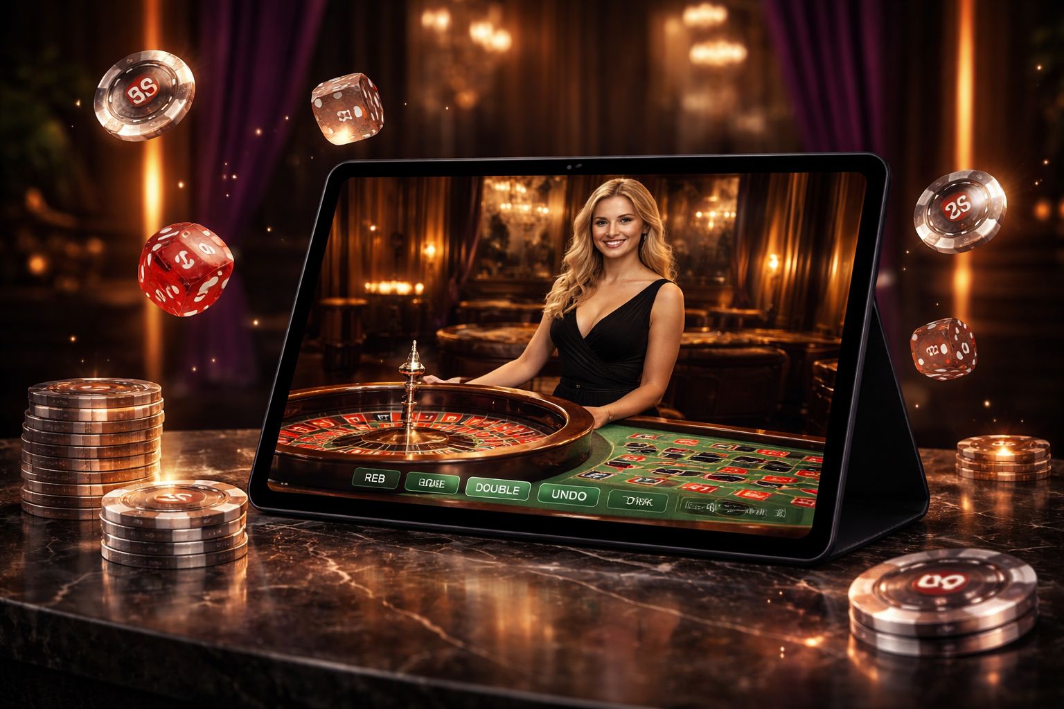 Engaged player interacting with a glowing screen surrounded by floating casino chips, cards, and sparkling effects reflecting the premium BH999 gaming atmosphere