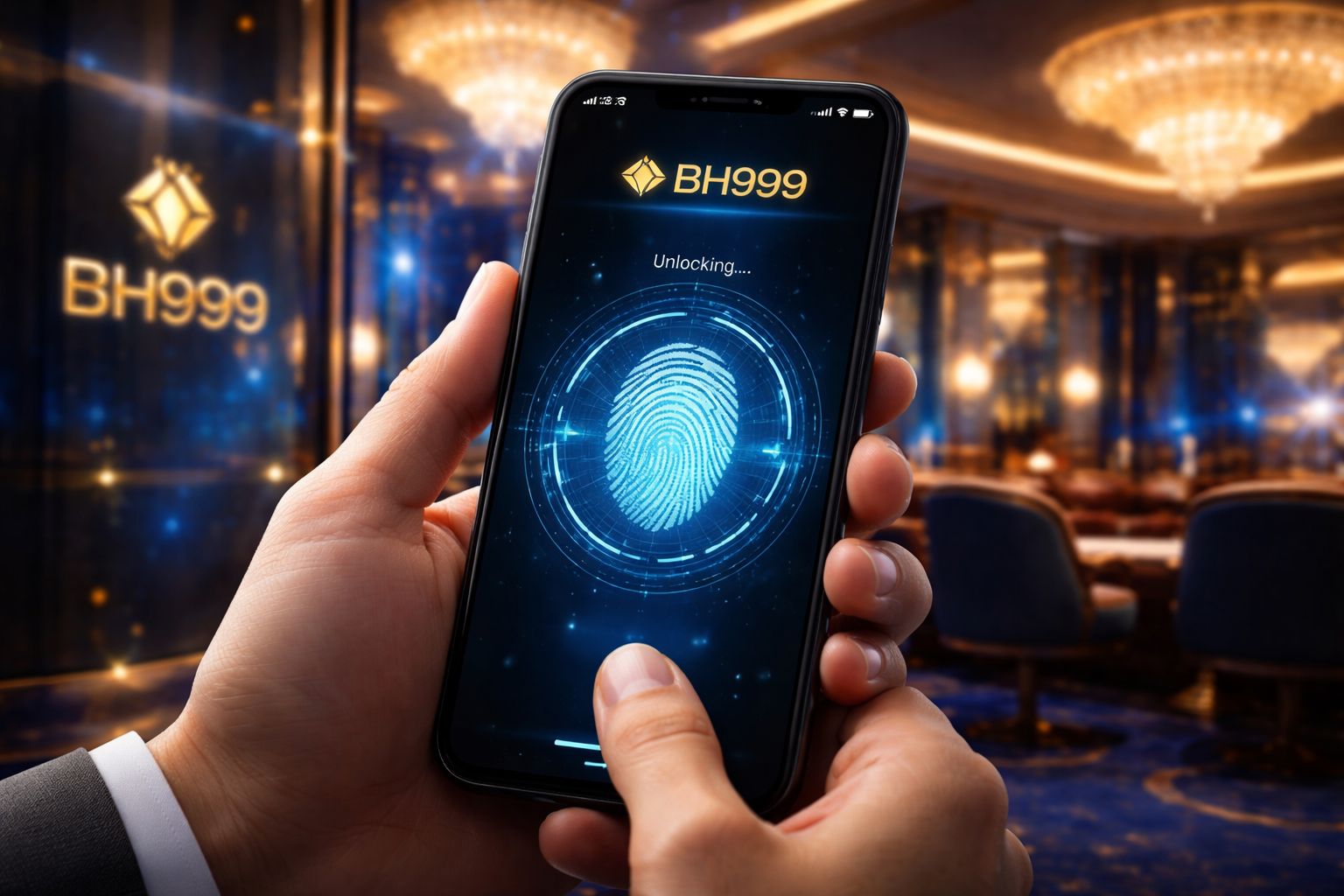 Smartphone displaying BH999 encrypted login screen with biometric verification