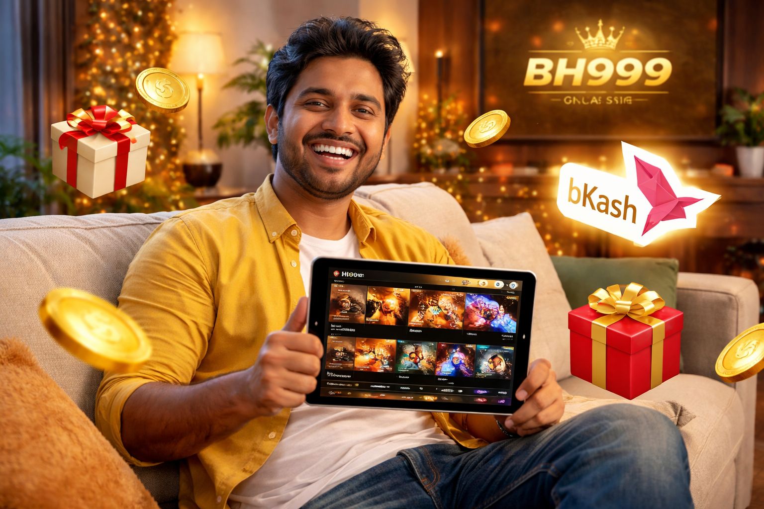 Happy Bangladeshi gamer logging into BH999 on a tablet to claim daily rewards