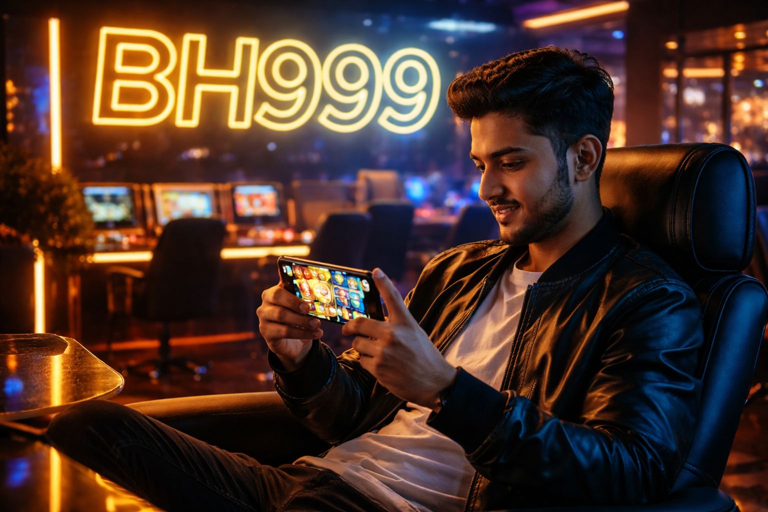 Confident Bangladeshi man enjoying colorful slot reels on his phone inside the sleek BH999 gaming lounge