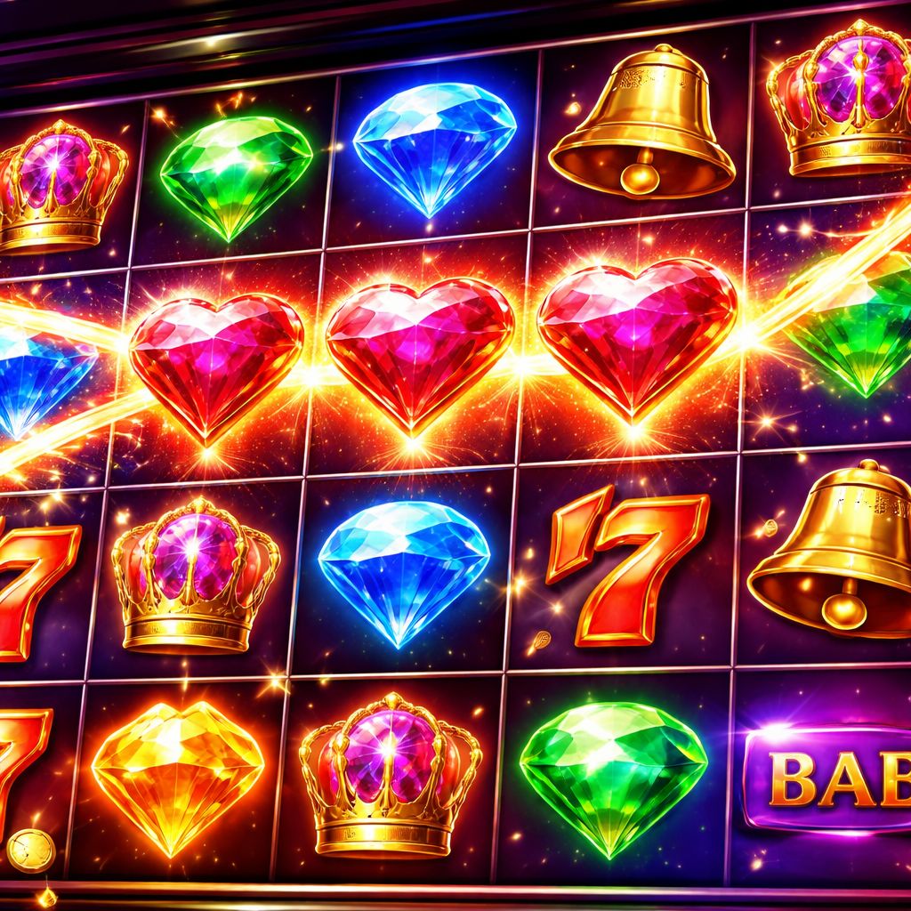 Detailed view of a premium digital slot interface glowing with rich jewel-toned symbols and dynamic win animations
