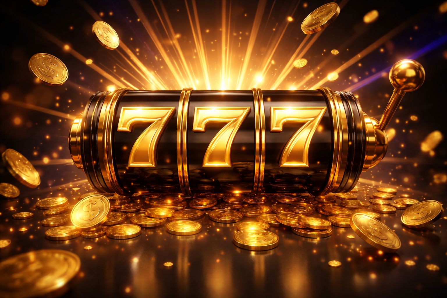 Luxurious golden slot reel displaying lucky sevens surrounded by cascading coins and radiant light effects